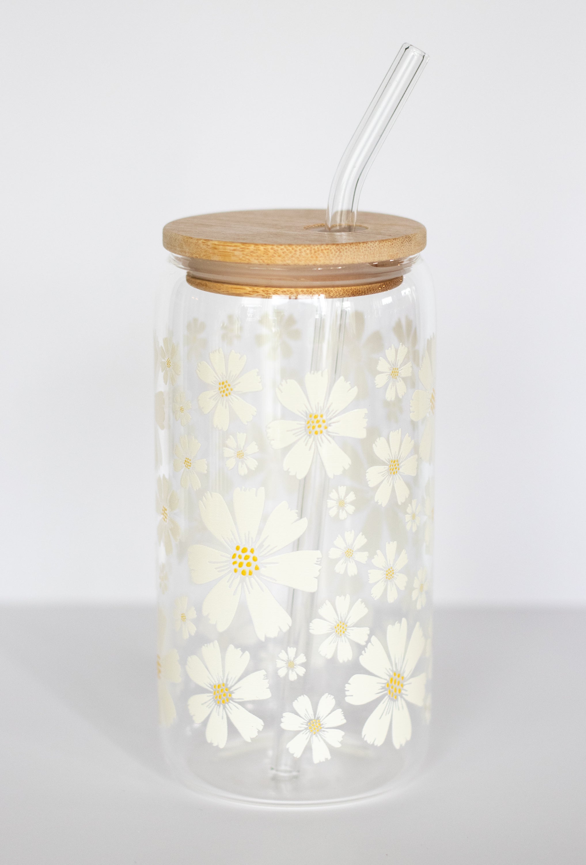 Spring Blossoms Can Glass | White Floral Iced Coffee Glass with Bamboo Lid & Straw