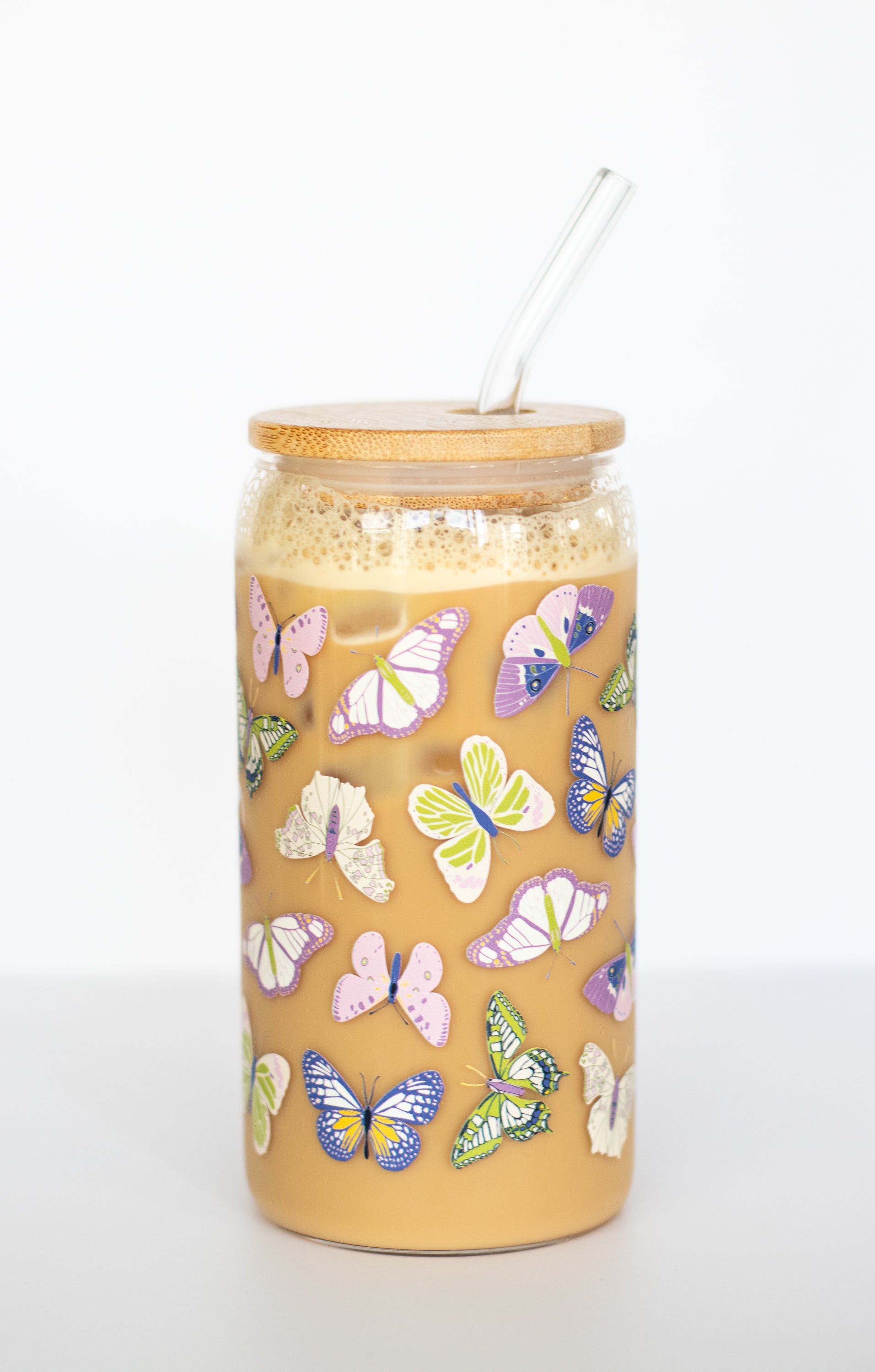Winged Butterfly Can Glass | 16 oz Iced Coffee Glass with Bamboo Lid & Glass Straw