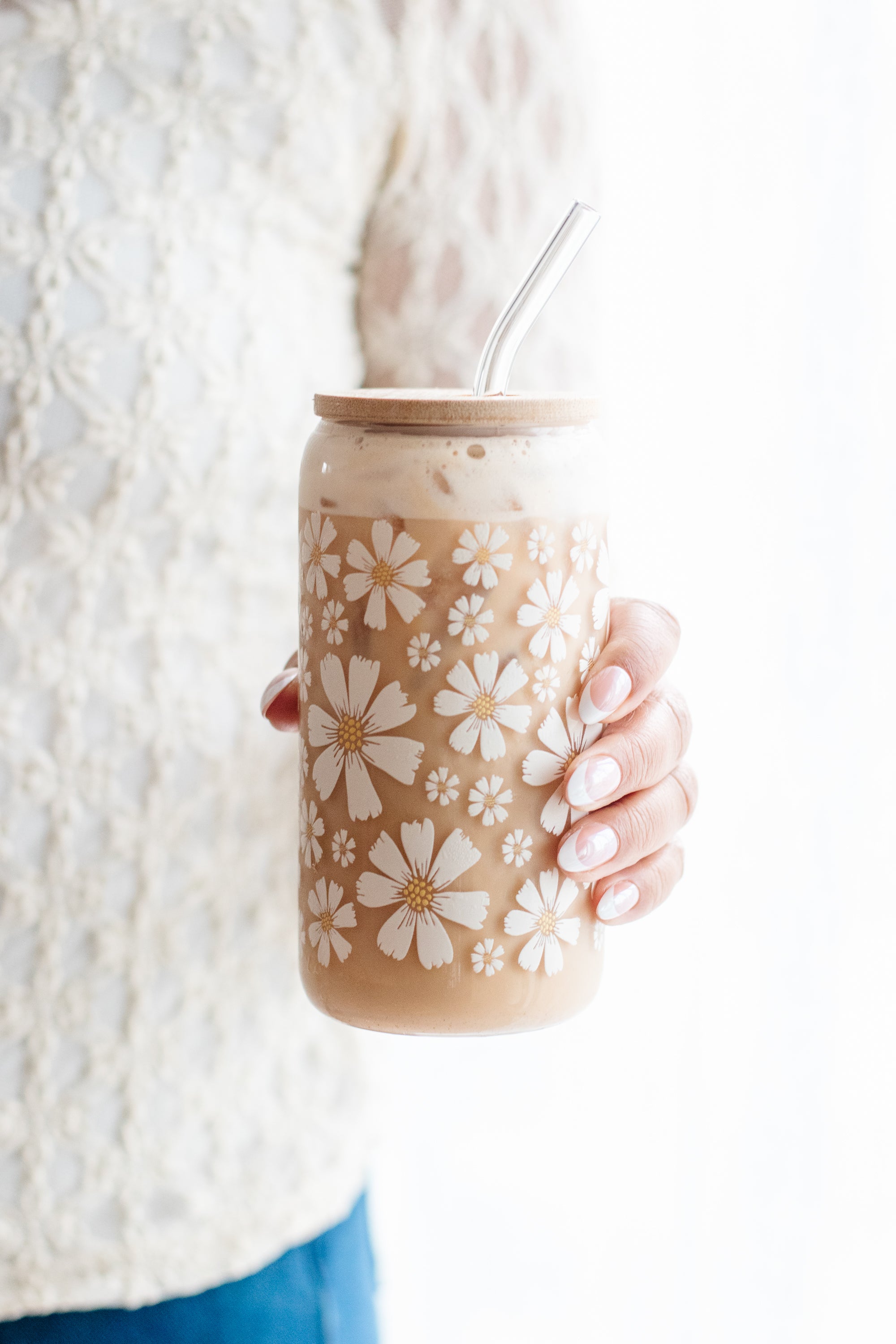 Spring Blossoms Can Glass | White Floral Iced Coffee Glass with Bamboo Lid & Straw