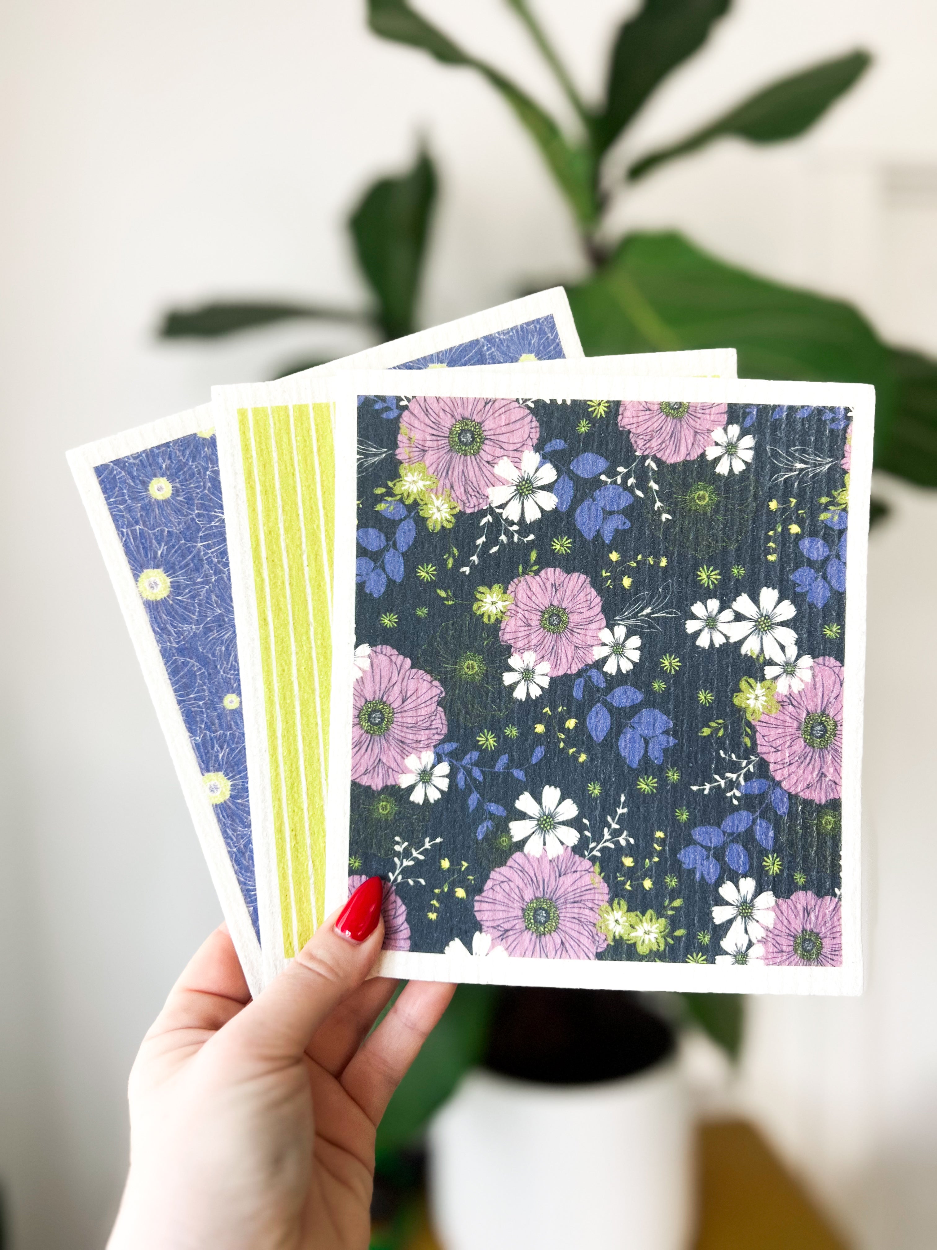 Anemone Garden Swedish Dishcloth Set | Reusable Kitchen Cleaning Cloths (Set of 3)