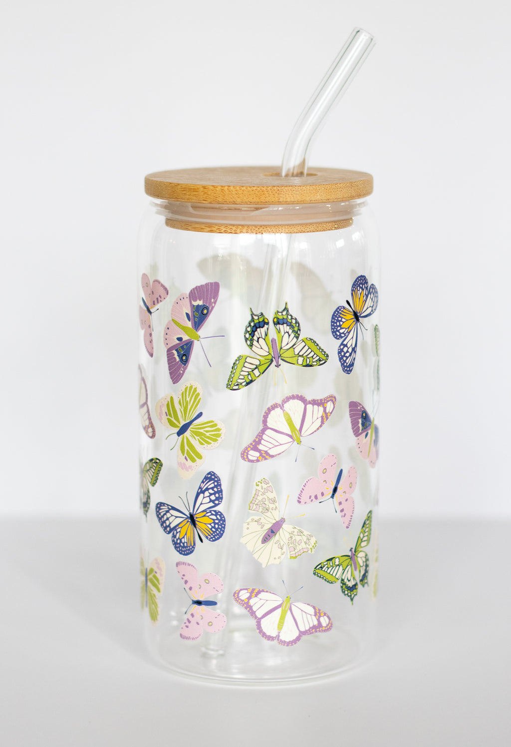 Butterfly can glass with bamboo lid and glass straw – Winged design by Aspect Home Goods