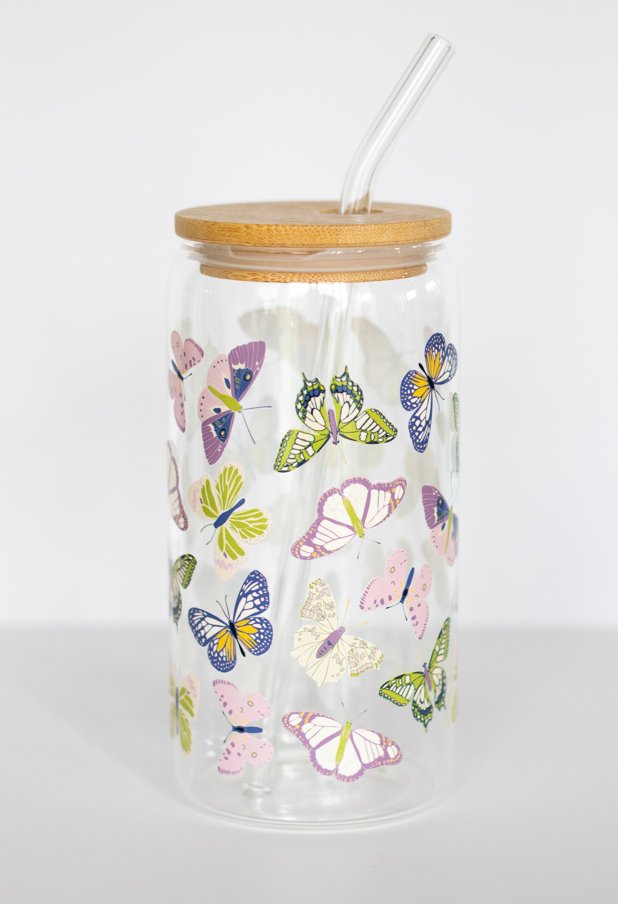 Butterfly can glass with bamboo lid and glass straw – Winged design by Aspect Home Goods