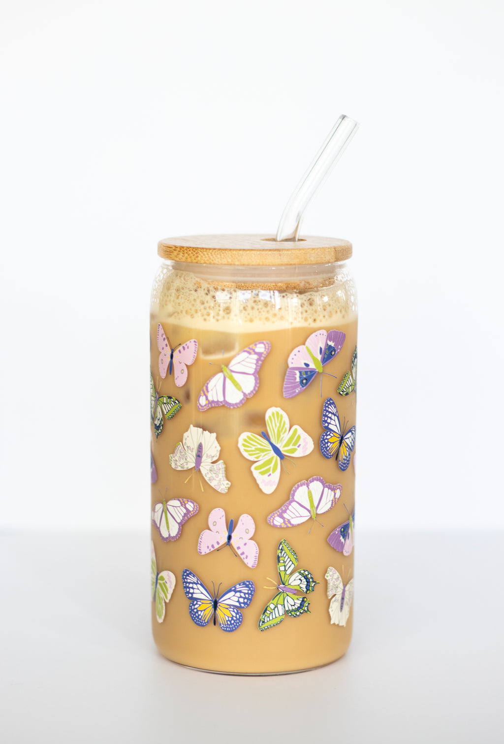 Butterfly iced coffee glass with bamboo lid and glass straw – Winged design by Aspect Home Goods