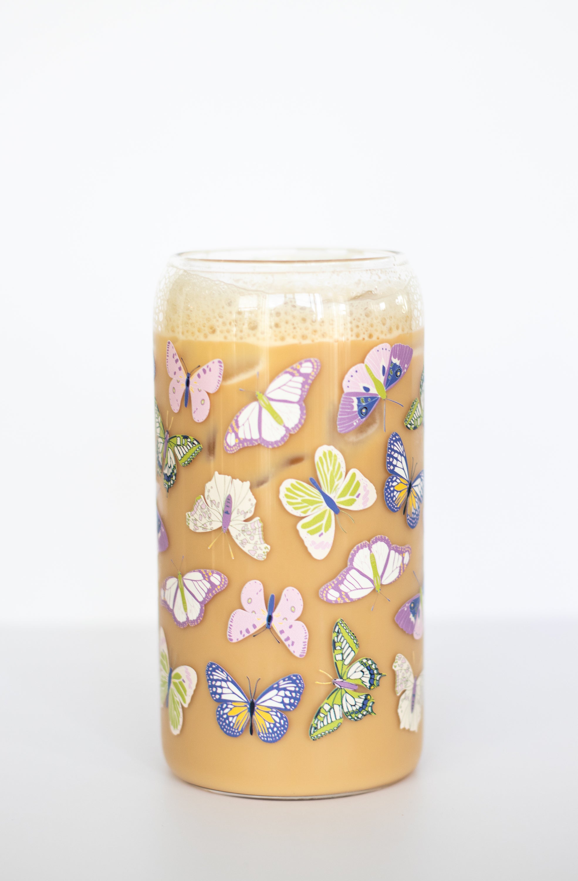 Butterfly iced coffee glass with bamboo lid and glass straw on white background– Winged design by Aspect Home Goods